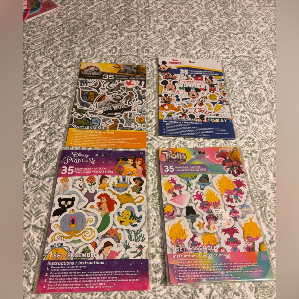 New Tattoo packets 35 in each 4 – Disney Princess 1 – Jurassic World 6 – Trolls